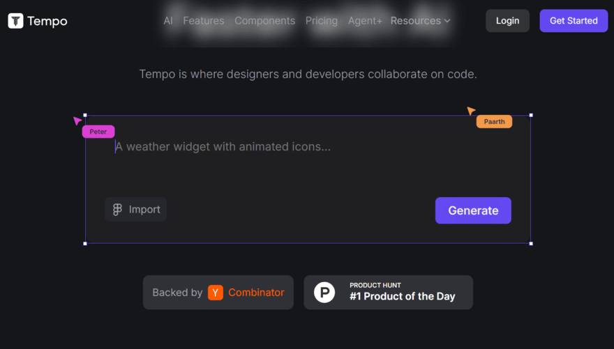 Tempo Labs homepage showing a prompt box and button to "Generate"