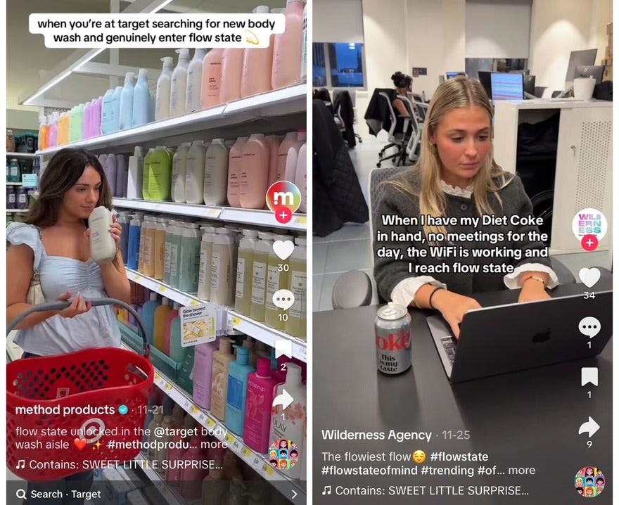 TikTok Trend Flow State A shopper explores body wash options at Target, while another woman enjoys a peaceful moment working with a Diet Coke in an office.