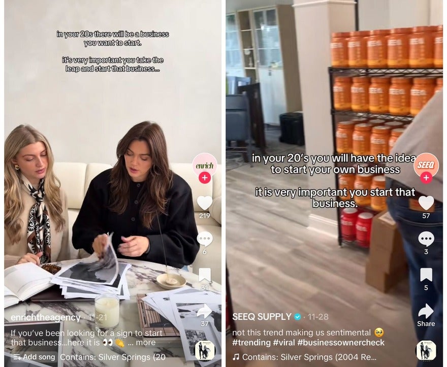 TikTok Trend In Your 20s Two women discuss starting a business over papers, while a shelf of canisters fills the background, emphasizing entrepreneurial motivation.