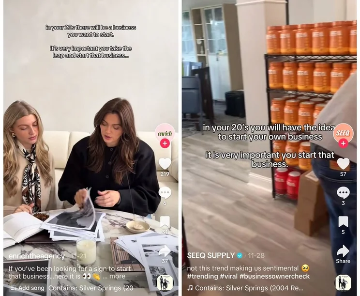 Two women discuss starting a business over papers, while a shelf of canisters fills the background, emphasizing entrepreneurial motivation.