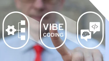 A blurred person in a blue shirt and red tie points at the words "VIBE CODING," flanked by icons representing coding and technology concepts.
