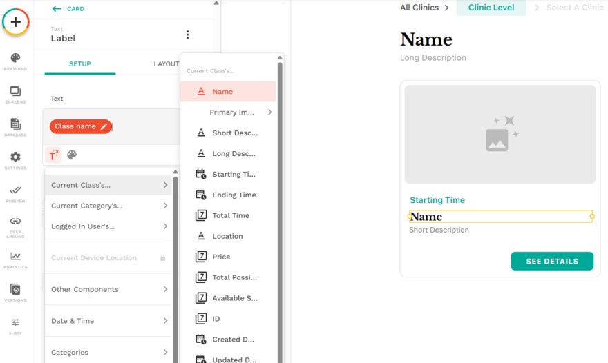 Adalo dropdown with options for class name, description, timing, and clinic details on the left and right panels.