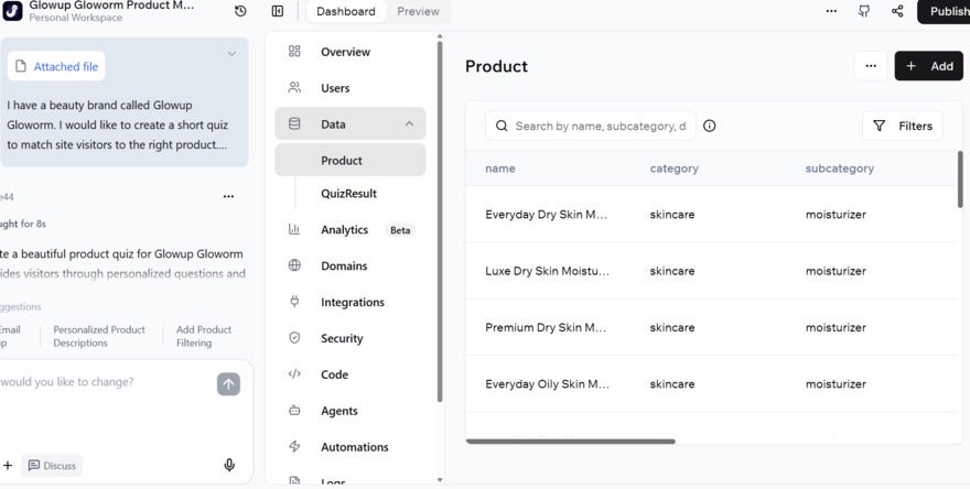 database showing four skincare products, with categories and subcategories