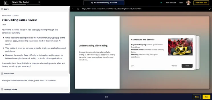 Codecademy vibe coding course showing flashboards