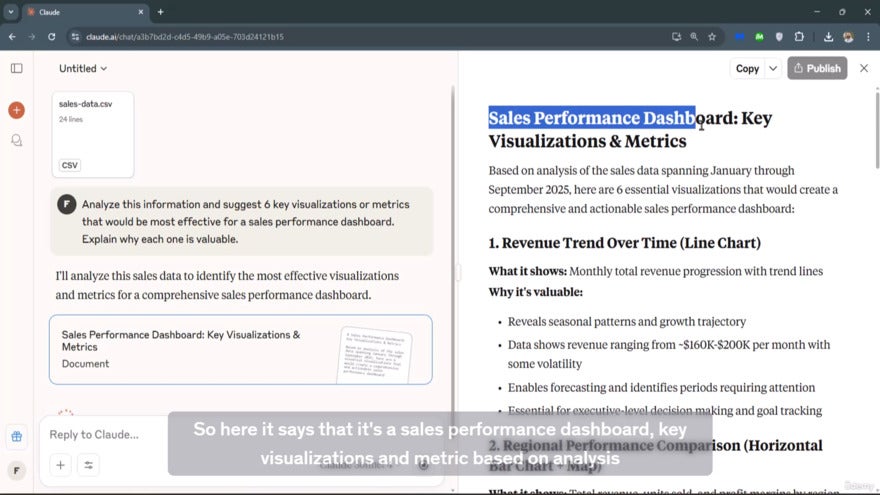 Screenshot from the course showing a dashboard made in Claude