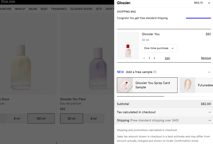 Glossier pop up cart showing products and checkout cost, including a note that the user has qualified for free shipping