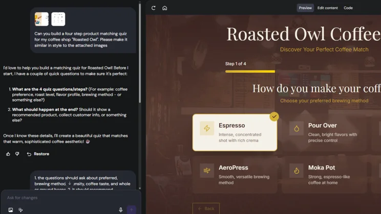Hostinger Horizons preview for a coffee shop website, titled Roasted Owl Coffee. The AI chat history is to the left of the preview