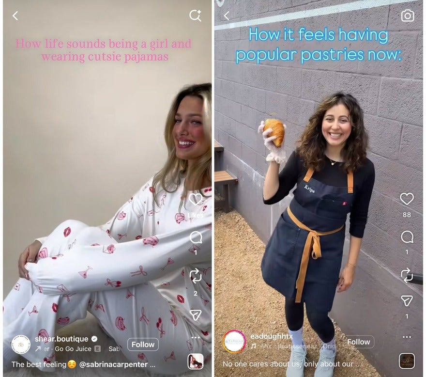 right screenshot shows a person sat on the floor in a white pajama set with bows on it. Left image shows a person in an apron holding a croissant