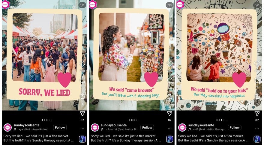 three carousel posts showing Colorful market scenes with people browsing stalls and playful text overlays about a creative Sunday therapy session.