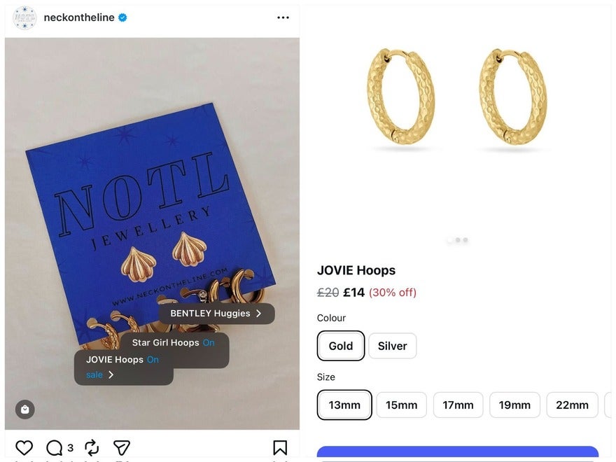 Shoppable instagram post with three tags. A product page for a pair of gold earrings appears after clicking one tag
