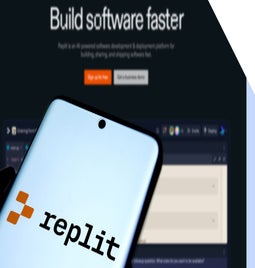 A smartphone displaying the Replit logo, with a dark website background promoting software development tools.