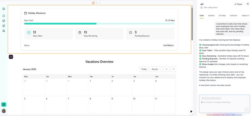 white and grey custom block showing how much holiday employees have left and how much they have taken. The prompt and AI chat to the right