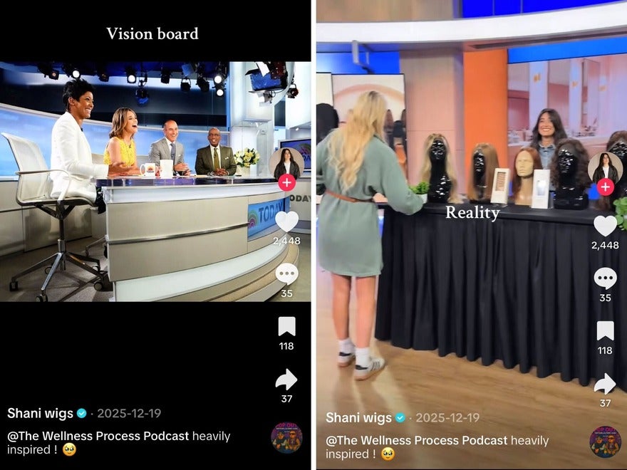 two screenshots of Shani Wigs TikTok post showing the vision board image (left) and the reality (right)