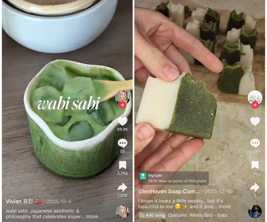 right screenshot shows a green ceramic cup with matcha in, and the right image shows a green and white soap bar with a wonky edge