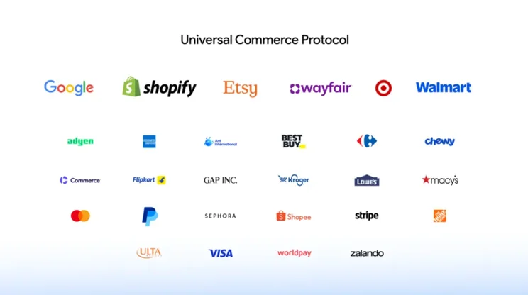 Logos of various companies including Google, Shopify, and Walmart, showcasing partners of the Universal Commerce Protocol.