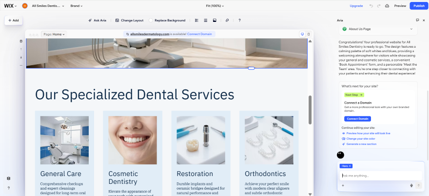 Webpage design for a dental clinic, showcasing services like general care, cosmetic dentistry, and orthodontics with a modern aesthetic.