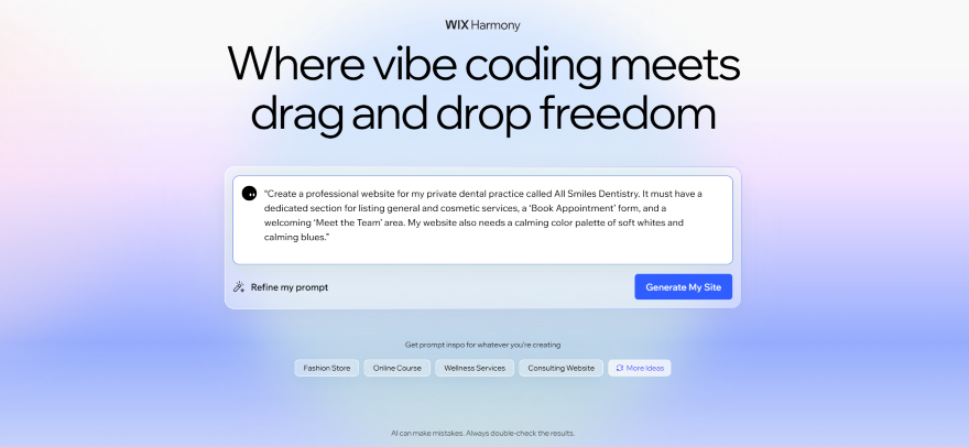 Wix Harmony interface showcasing a prompt for creating a dental practice website, emphasizing drag-and-drop design flexibility.