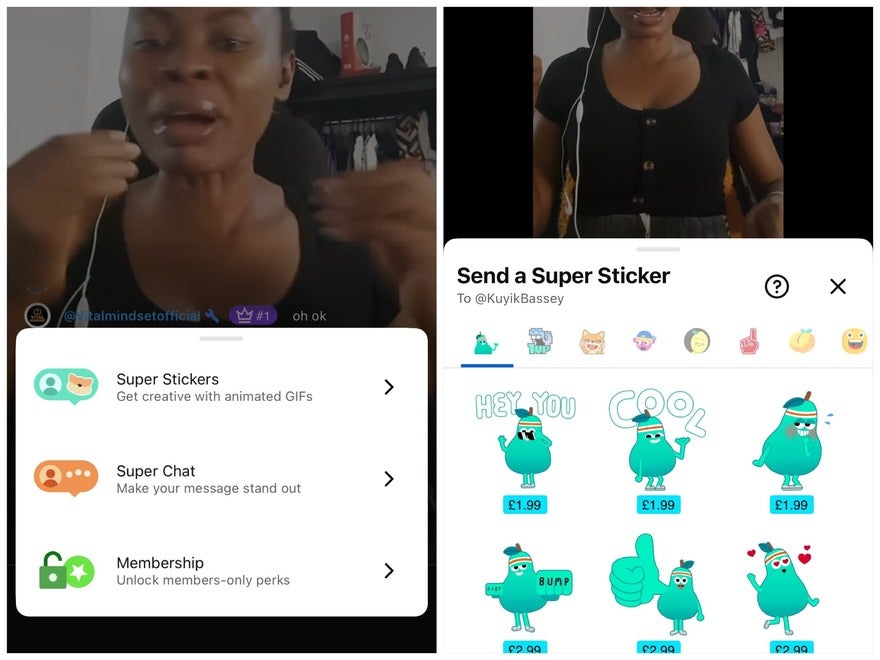 Purchasing super stickers within a live stream, with each sticker costing a different amount