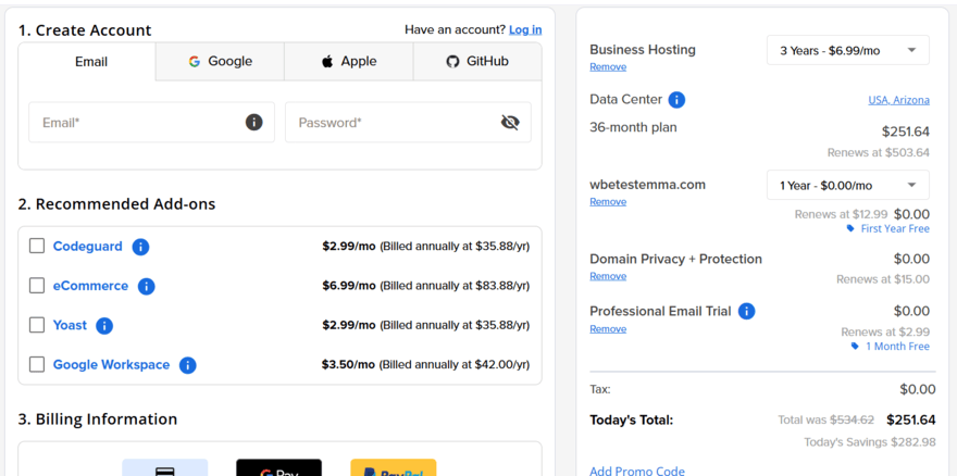 Bluehost checkout for a shared hosting plan, showing the recommended add-ons