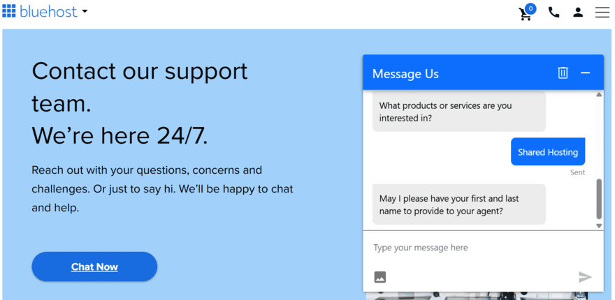 Bluehost support page with the pop up live chat box
