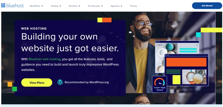 Bluehost landing page for web hosting with a button to view plans and sign up
