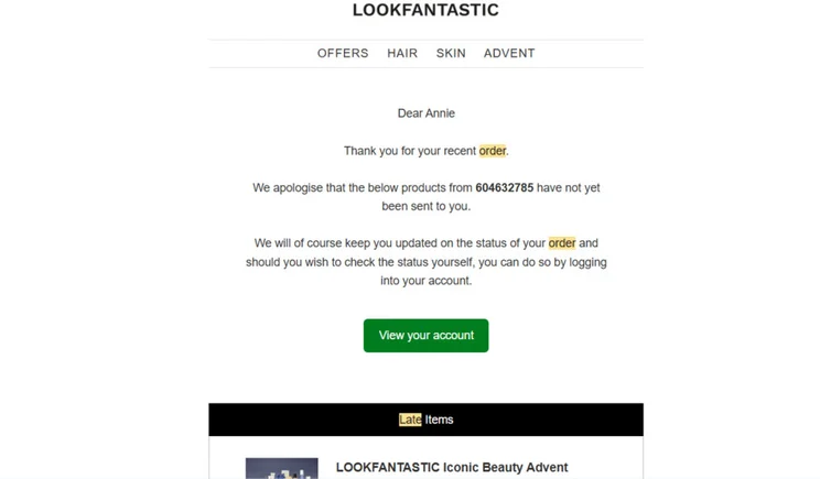 Email from Look Fantastic apologizing for a delayed order with a "view your account" CTA
