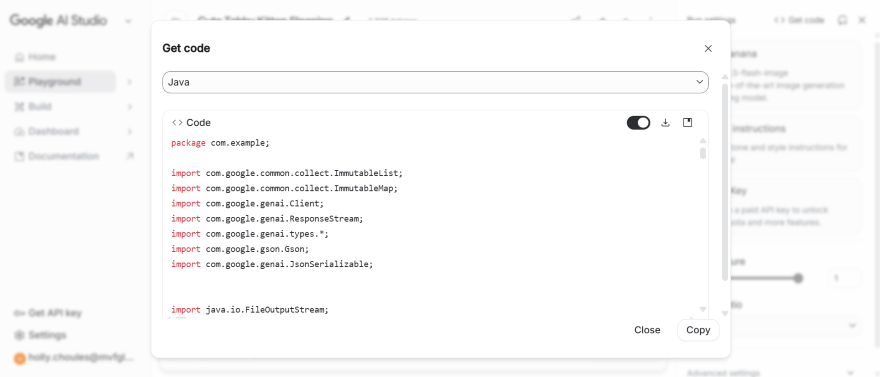 A code snippet window in Google AI Studio showing Java import statements for various libraries and classes.