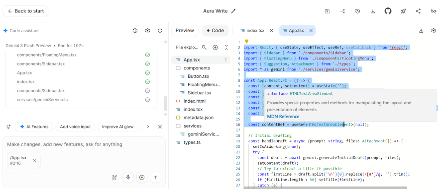Code editor interface displaying React code, with files listed on the left and a code snippet highlighted in the main window.