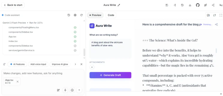 Screenshot of a code editor on the left and a an app "Aura Write" that's generated a blog post about aloe vera benefits on the right.