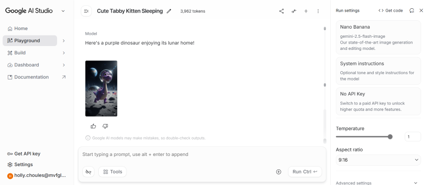 An AI chatbot interface with a generated image of an adorable purple dinosaur on a moon-like surface, surrounded by stars and planets.