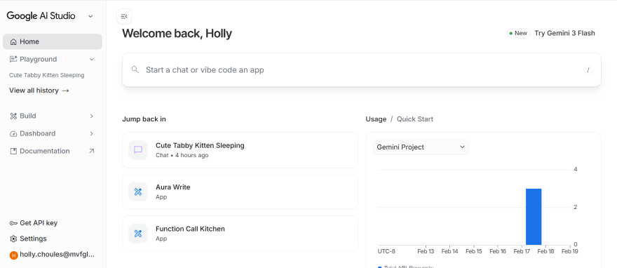 Dashboard view of Google AI Studio displaying a welcome message, recent projects, and usage statistics.