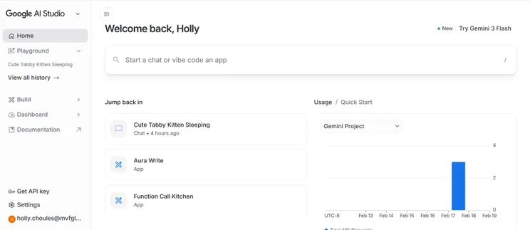 Dashboard view of Google AI Studio displaying a welcome message, recent projects, and usage statistics.