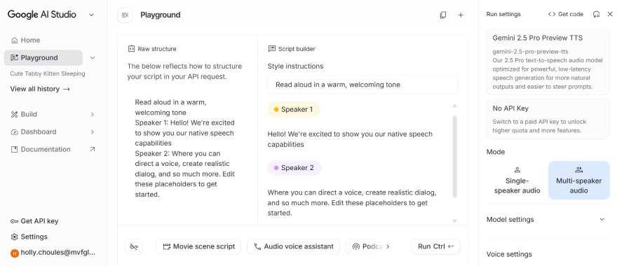 A screenshot of Google AI Studio's Playground, displaying script structures and speaker instructions for text-to-speech generation.