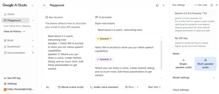 A screenshot of Google AI Studio's Playground, displaying script structures and speaker instructions for text-to-speech generation.