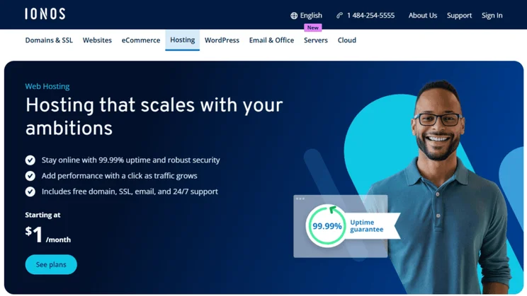 IONOS web hosting landing page showing the $1 plan deal