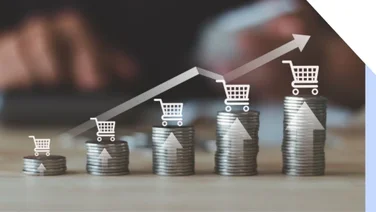 A stack of coins illustrating increasing growth, with shopping carts and upward arrows symbolizing rising sales or investments.