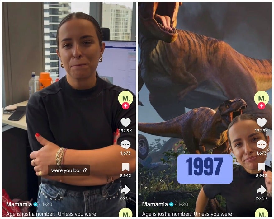 Person standing with arms crossed, then edited with a dinosaur behind her in the next slide