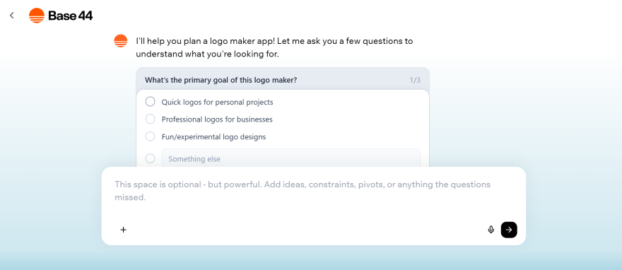 Screenshot of a Base44 interface prompting users with a question about the primary goal of a logo maker app.