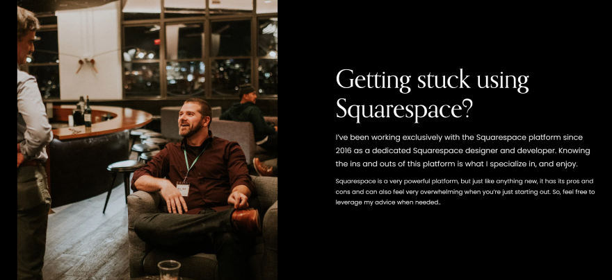 A website with a photo of a stylish bar setting with people socializing, next to white text on Squarespace consulting.