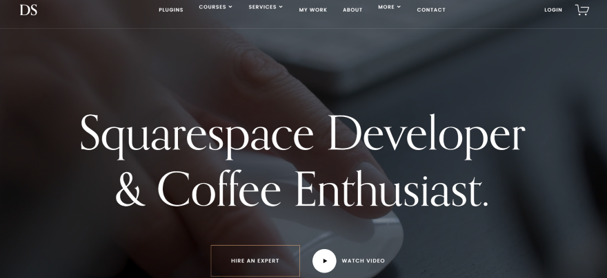 A close-up of a hand using a computer mouse, with the text "Squarespace Developer & Coffee Enthusiast" prominently displayed.