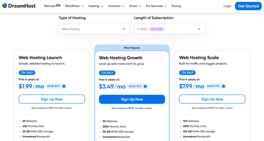 DreamHost's shared hosting plans and pricing