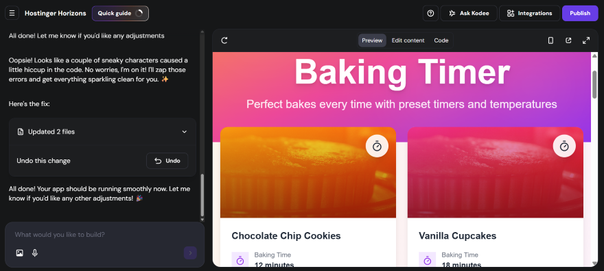 Code editor with a preview of a baking timer app showing preset timers for Chocolate Chip Cookies and Vanilla Cupcakes.