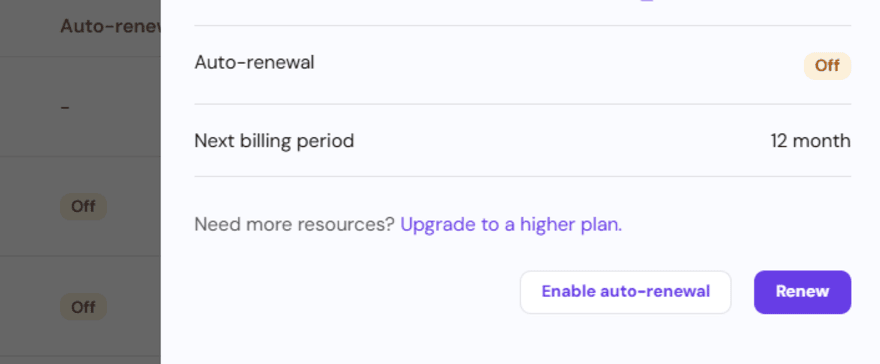 Hostinger plan showing the option to renew and enable auto-renewal