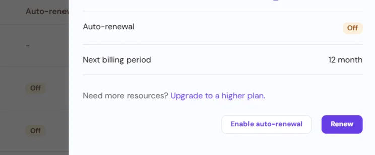 Hostinger plan showing the option to renew and enable auto-renewal