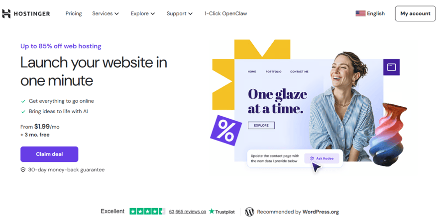 Hostinger homepage for its web hosting plans with a button to sign up