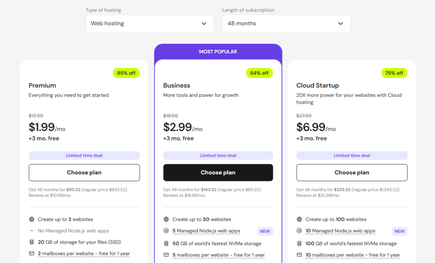 Hostinger's web hosting pricing and plans listed side by side