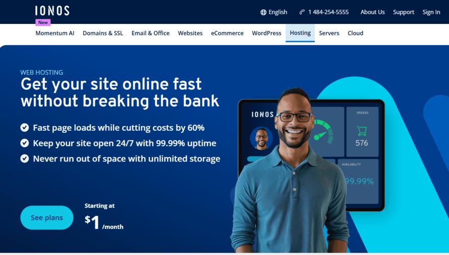 IONOS homepage showing its $1 shared hosting deal and a button to see plans