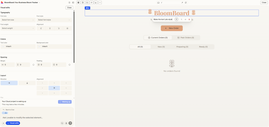 Screenshot of a BloomBoard web app interface showing text editing options and an empty order tracker with no orders found.