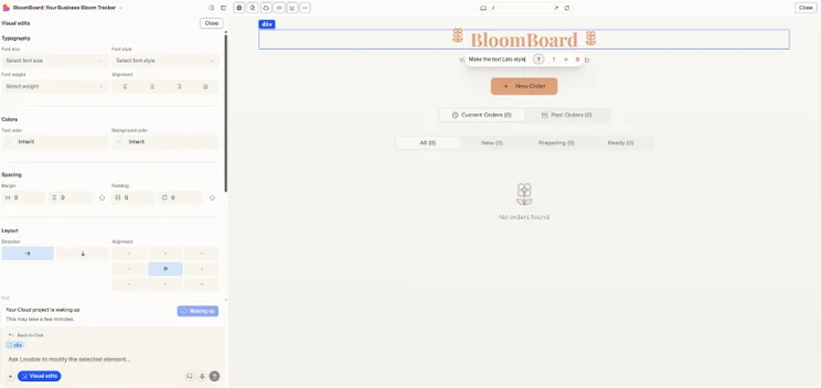 Screenshot of a BloomBoard web app interface showing text editing options and an empty order tracker with no orders found.