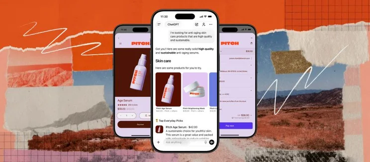 Three smartphones displaying a skincare shopping app with anti-aging products, set against a colorful abstract textured background.